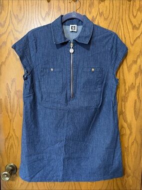 Anne Klein Indigo Blue Short-Sleeve Tunic with Zip Front